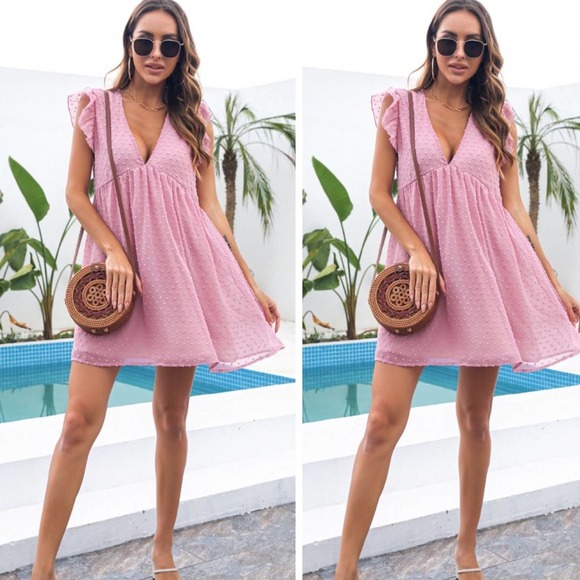 Dresses & Skirts - Pink Swiss Dot Ruffled Deep V Mini Dress